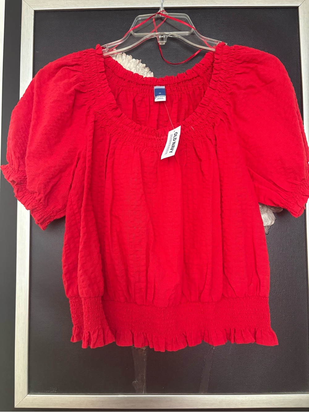 Old Navy Red Smocked Puff-Sleeve Blouse